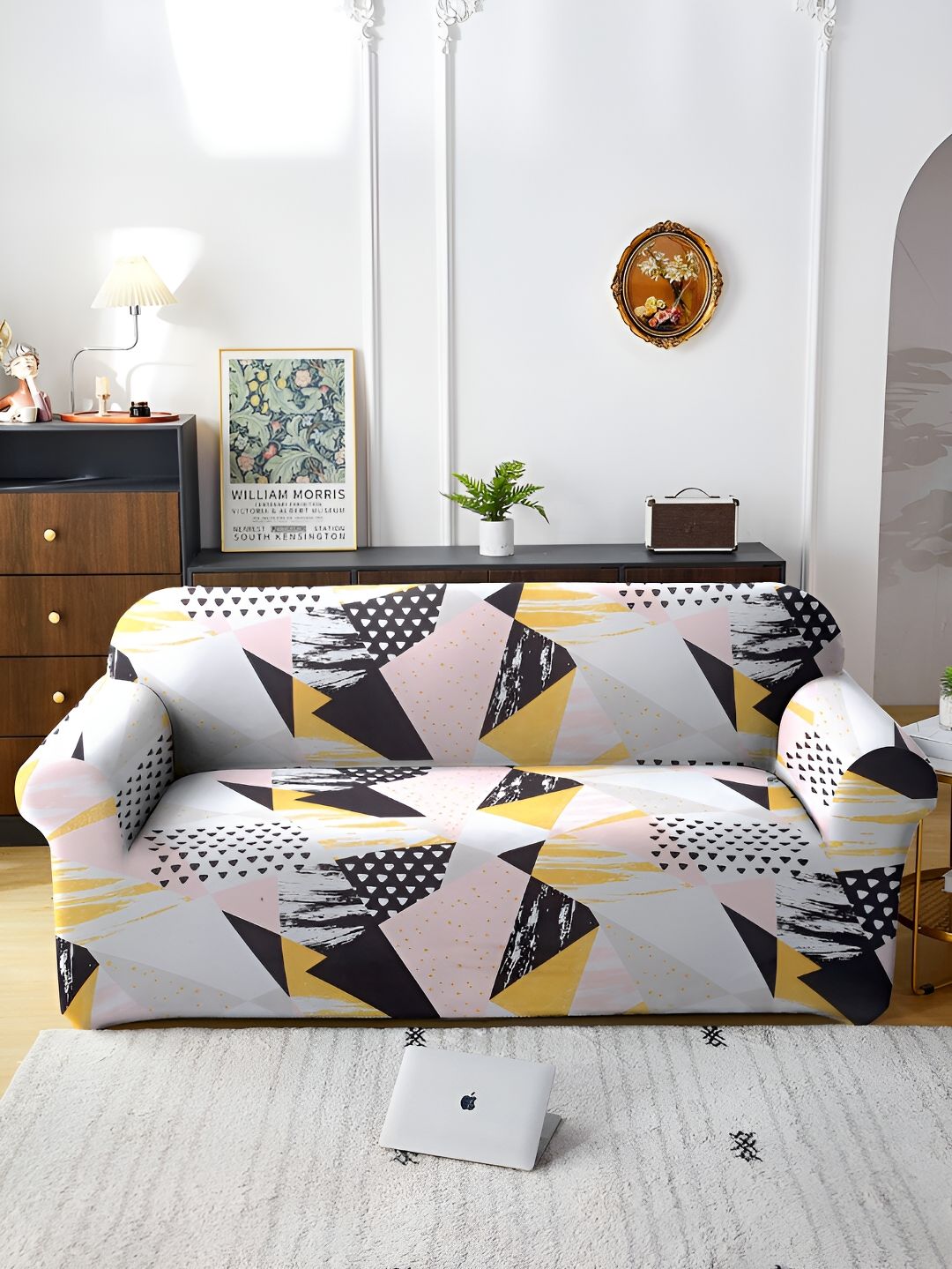 Aura White & Black Printed Stretchable Sofa Cover With Arms-picture-45
