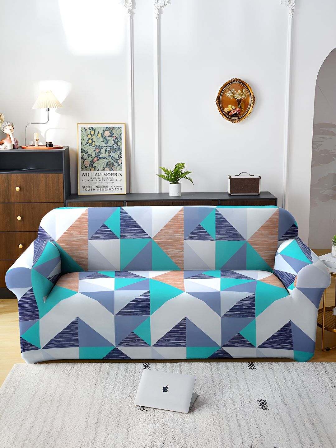 Aura Blue & White Printed Stretchable Sofa Cover With Arms-image-38