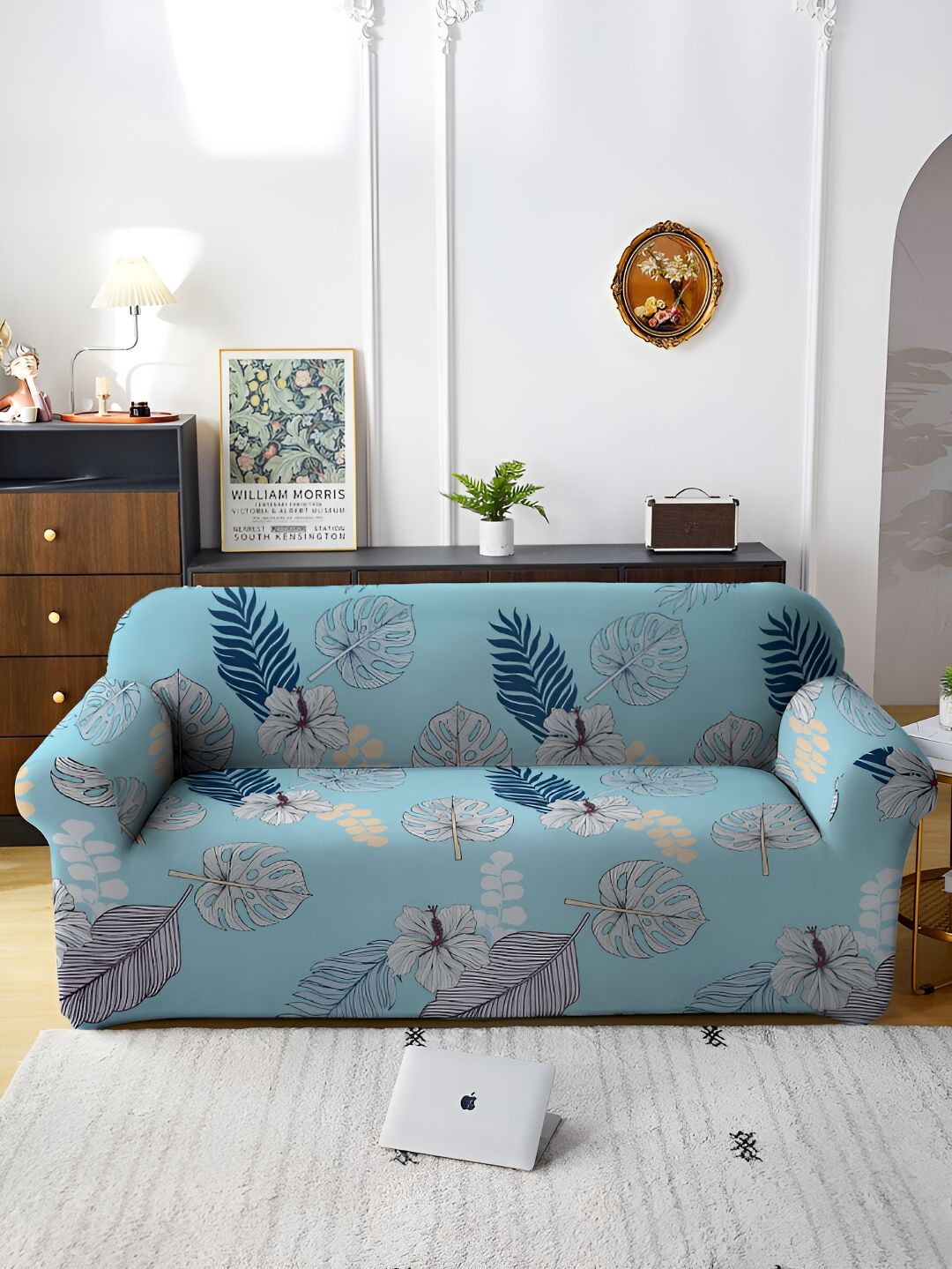 Aura Blue & Grey Floral Printed Stretchable Three Seater Sofa Cover-picture-25