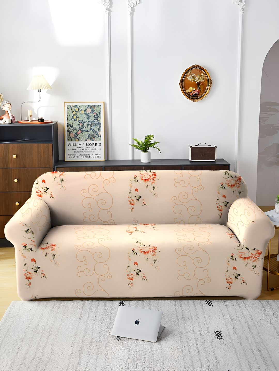 Aura Cream & Red Floral Printed Stretchable Sofa Cover With Arms-picture-41