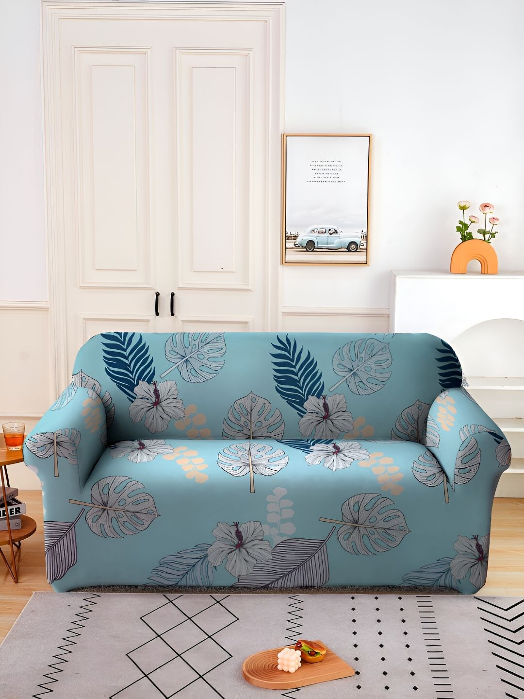 Aura Blue & Beige Stretchable Printed 2 Seater Sofa Cover-image-23