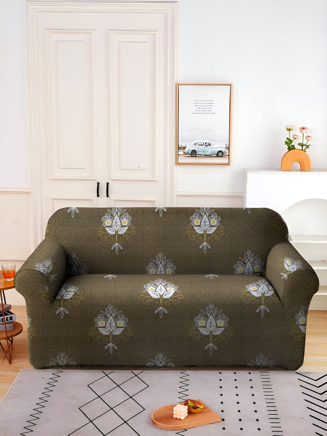 Aura Brown & White Printed Stretchable Two Seater Sofa Cover-picture-47