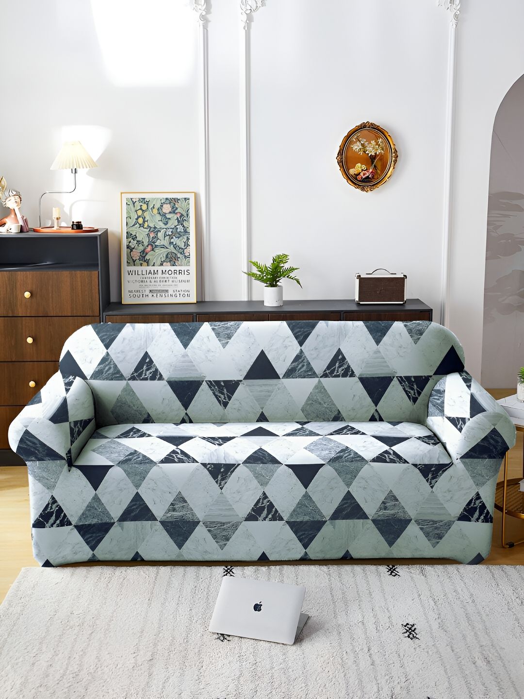 Aura Black & Grey Geometric Printed Stretchable Three Seater Sofa Cover-image-10