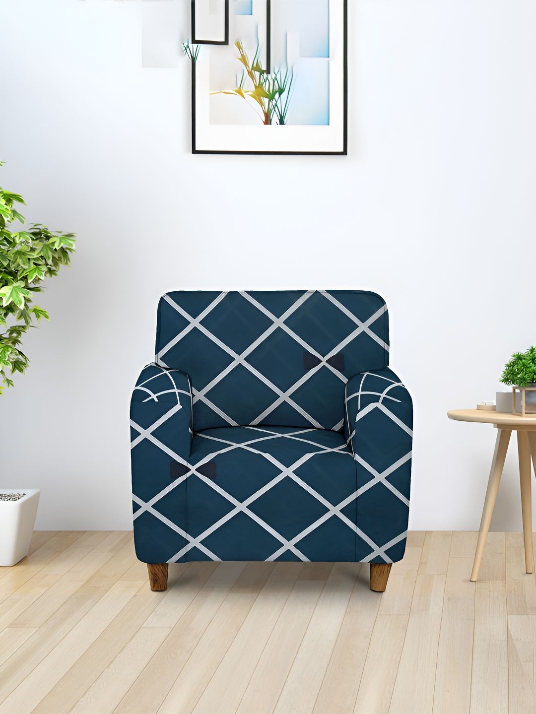 Aura Blue & White Checked Stretchable One Seater Sofa Cover-image-49