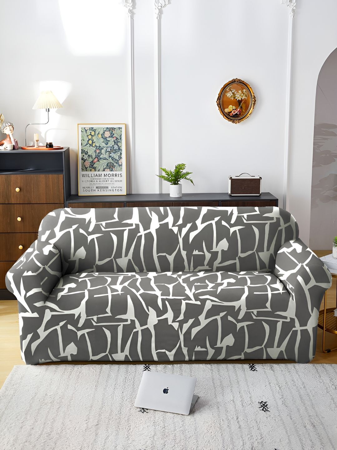 Aura Grey & White Printed Stretchable Three Seater Sofa Cover-picture-22