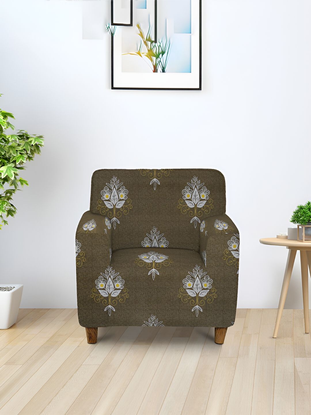 Aura Brown & White Printed Stretchable One Seater Sofa Cover-image-37