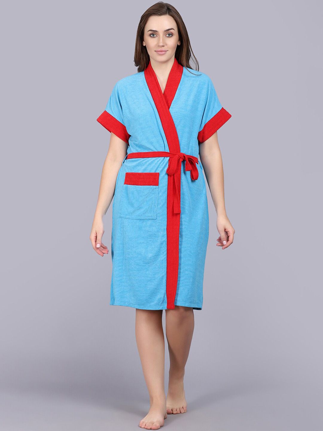 POORAK Blue & Red Shawl Collar Bath Robe-picture-24