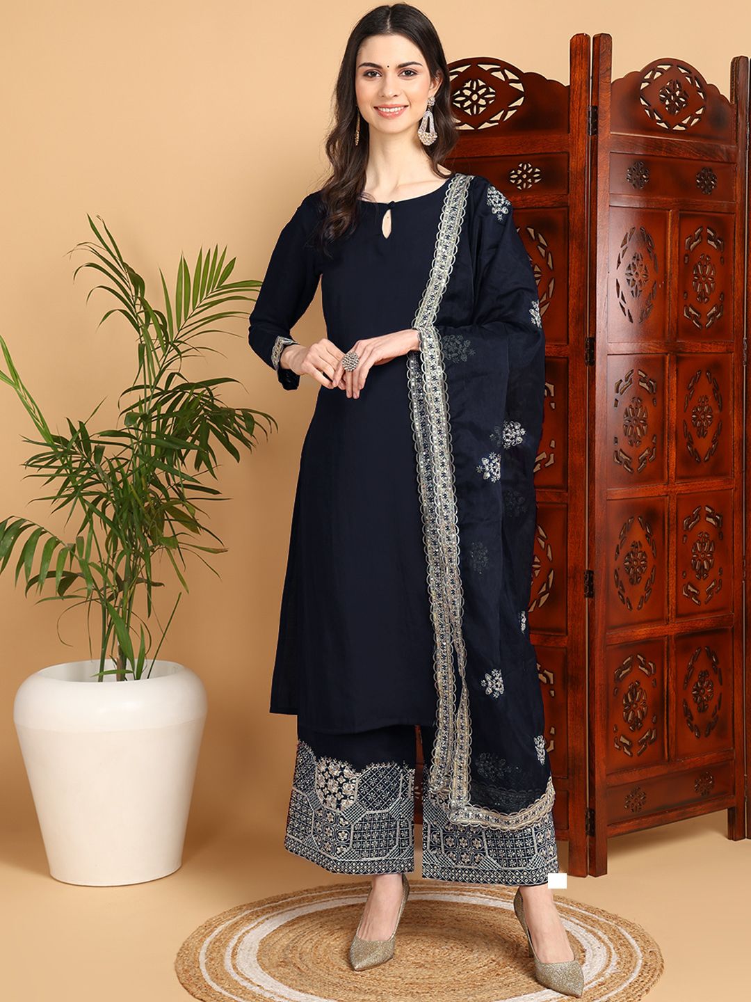 AHIKA Navy Blue Keyhole Neck Embroidered Kurta With Palazzos & Dupatta-image-15