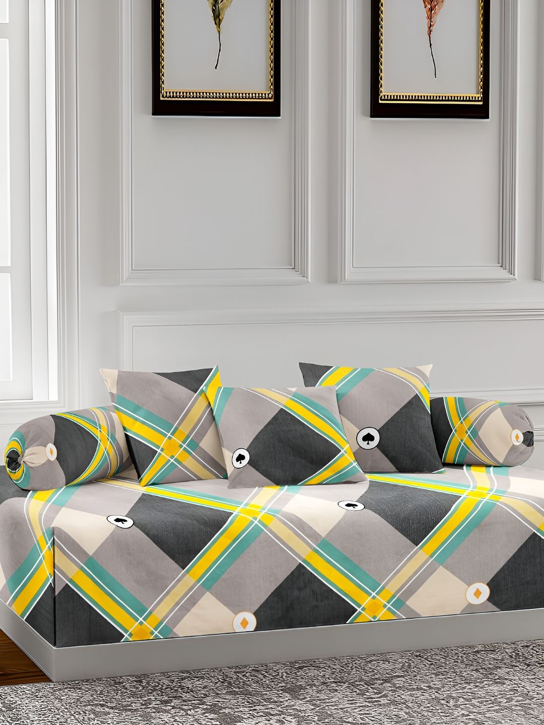 Arrabi 6 Pcs Grey & Yellow Printed Diwan-picture-23