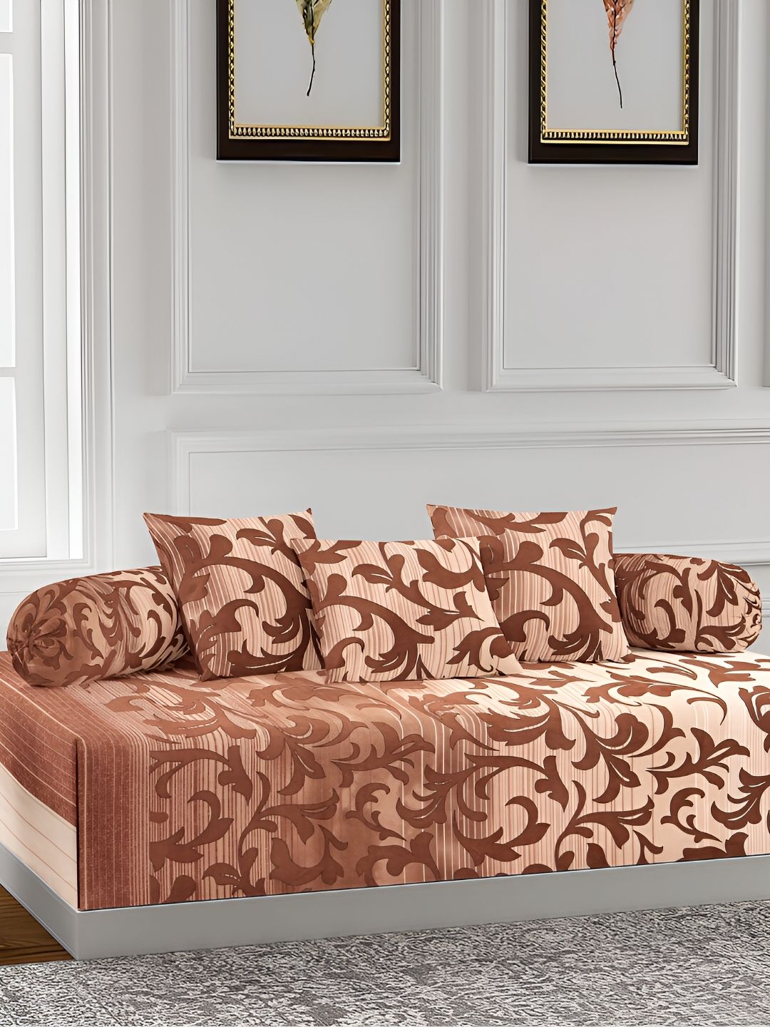 Arrabi 6 Pcs Brown Floral Printed Diwan-picture-23