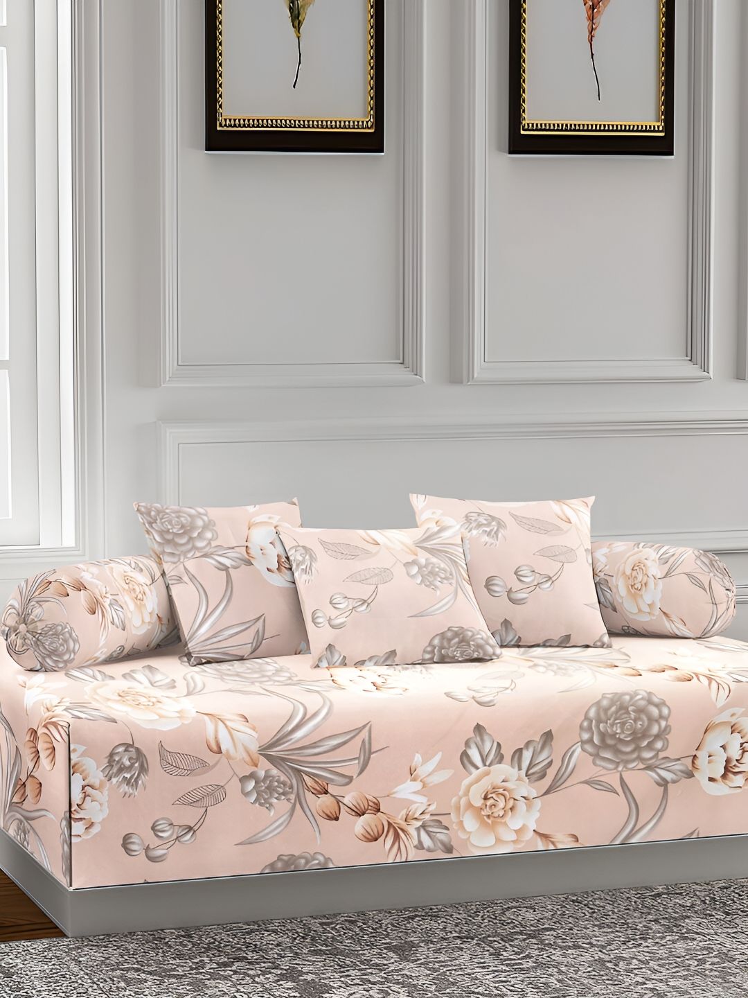 Arrabi 6 Pcs Beige & Grey Floral Printed Diwan-image-41
