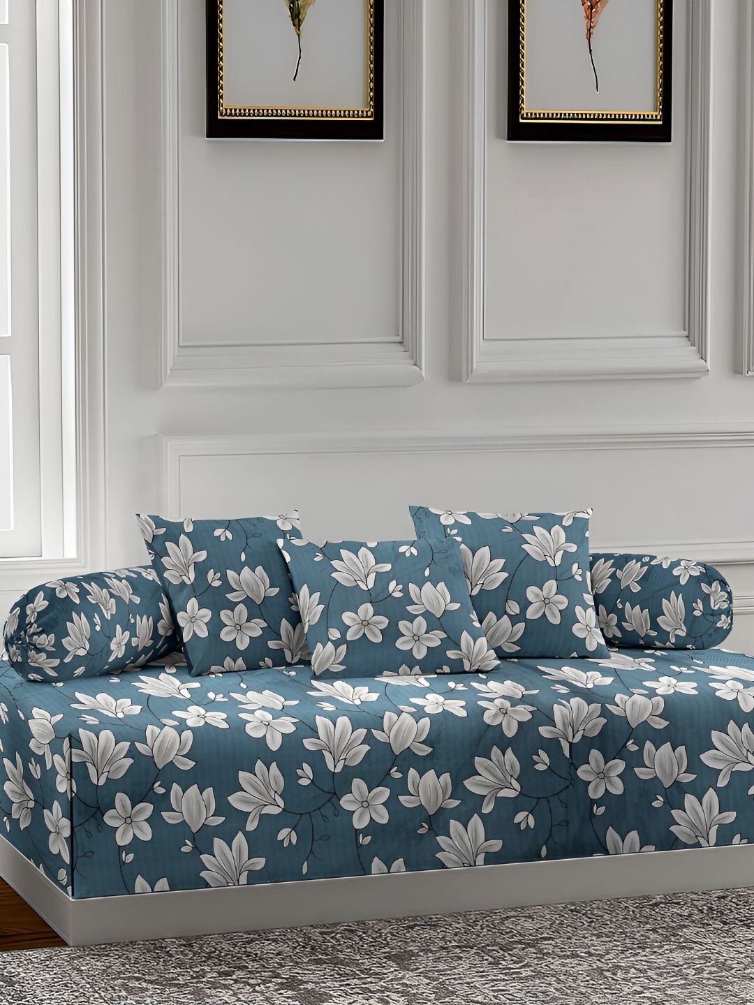 Arrabi 6 Pcs Blue & White Floral Printed Diwan-picture-31