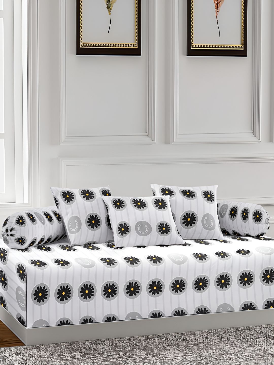Arrabi Grey White 6 Pieces Floral Diwan Set-image-42