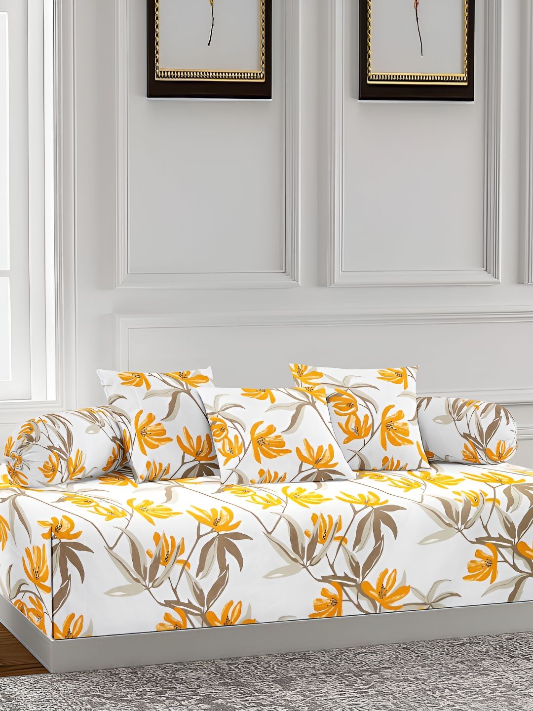Arrabi White & Yellow 6 Pieces Floral Printed Diwan Set-image-42