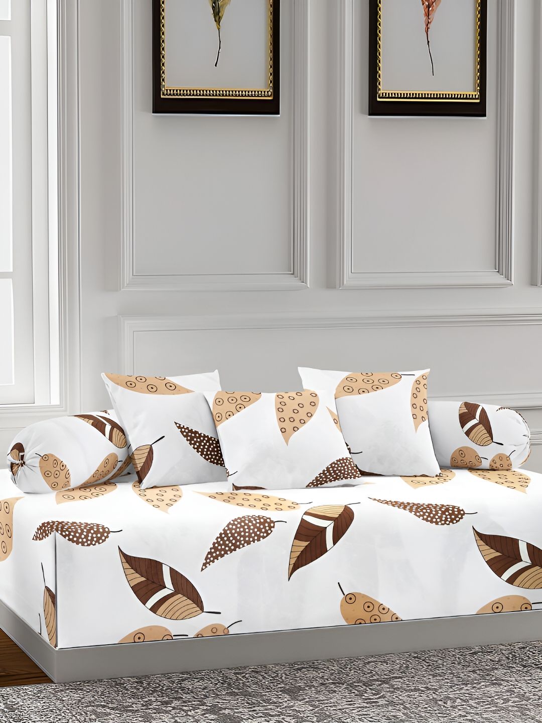 Arrabi White & Brown 6 Pieces Tropical Printed Diwan Set-picture-25