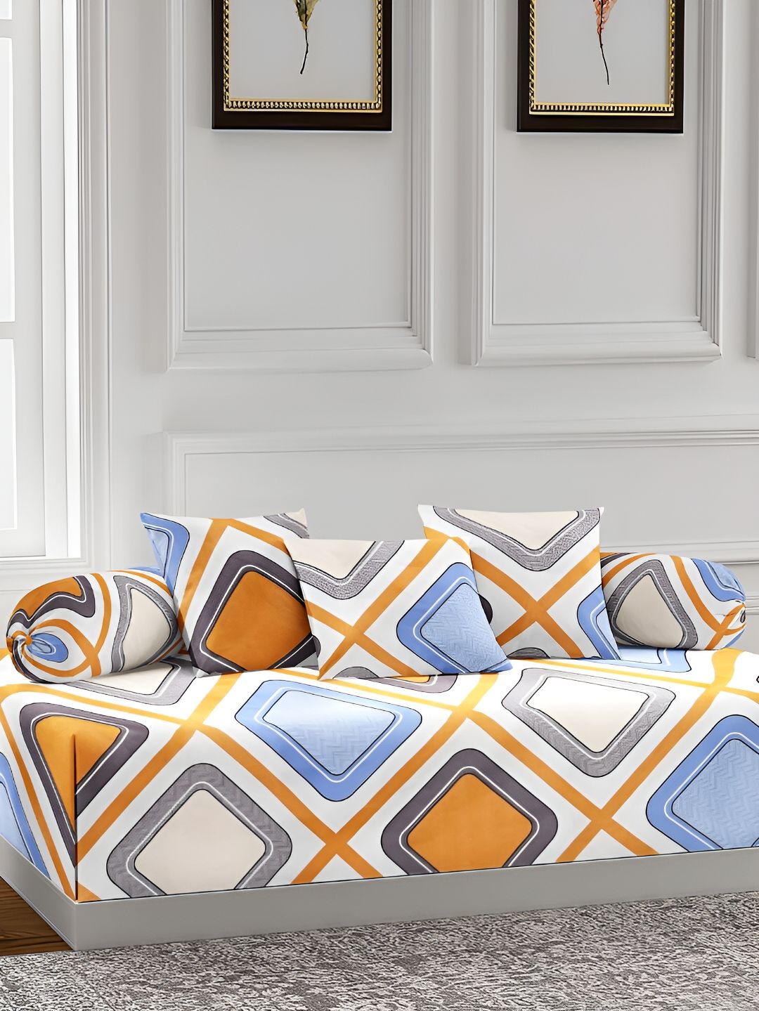 Arrabi White & Blue 6 Pieces Geometric Printed Diwan Set-picture-36