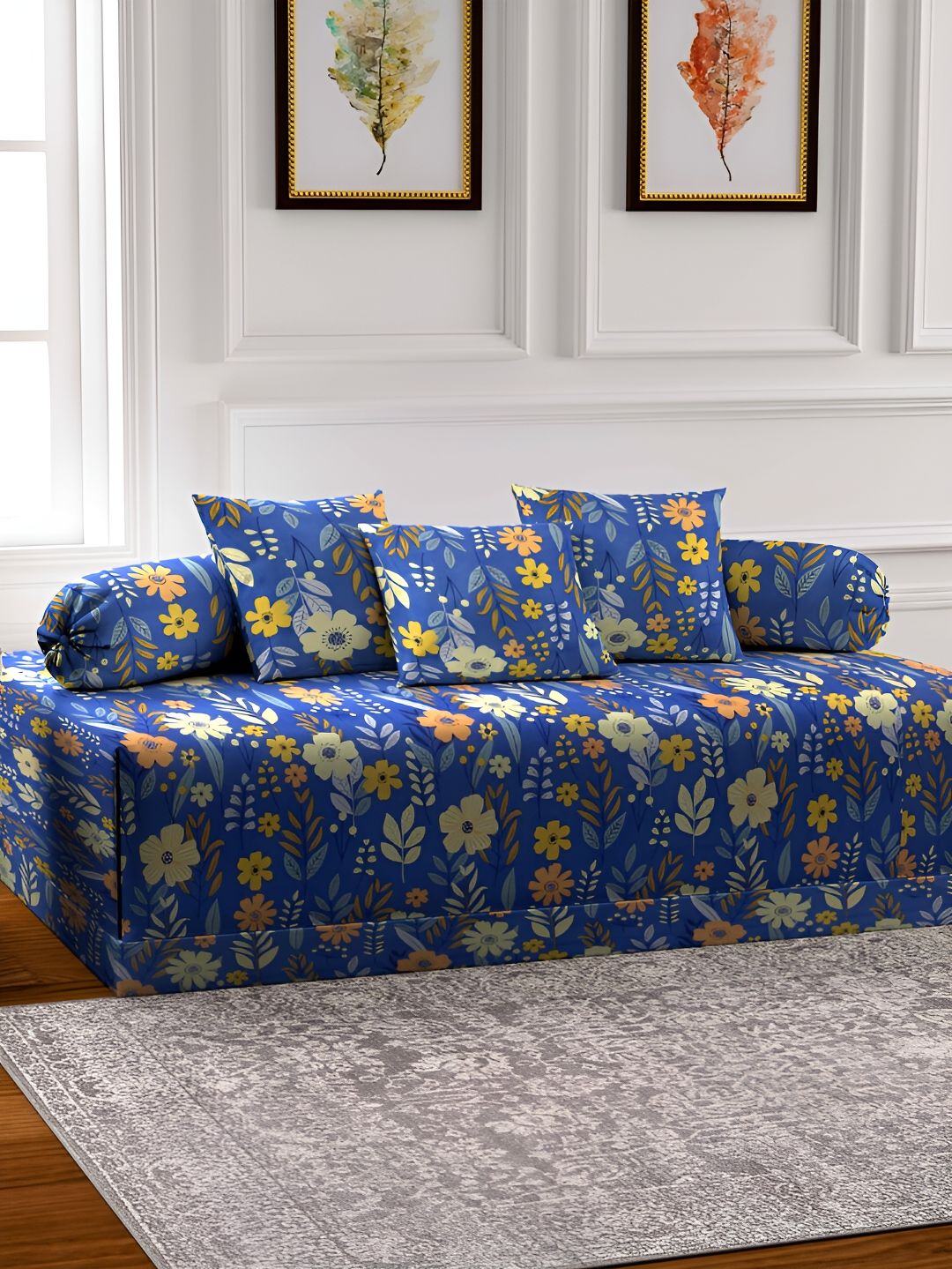Arrabi Blue 6 Pieces Floral Printed Diwan Set-picture-55