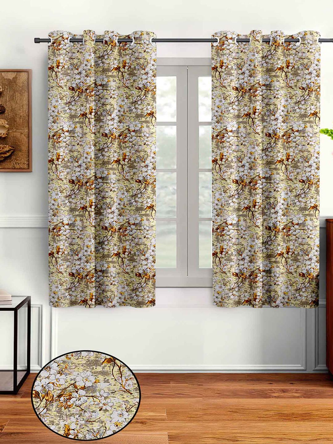 Aura Beige & Grey 2 Pieces Floral Window Curtain-image-34