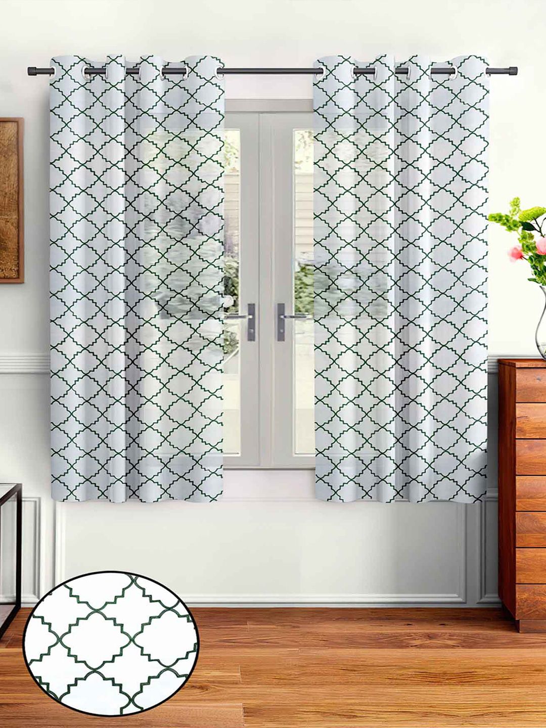 Aura White & Green 2Pcs Geometric Sheer Window Curtain-image-19