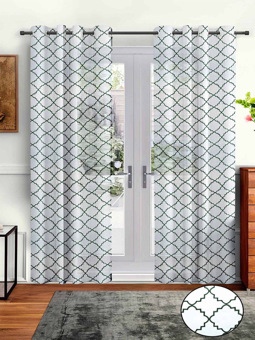 Aura White & Green 2Pcs Geometric Sheer Long Door Curtain-picture-44