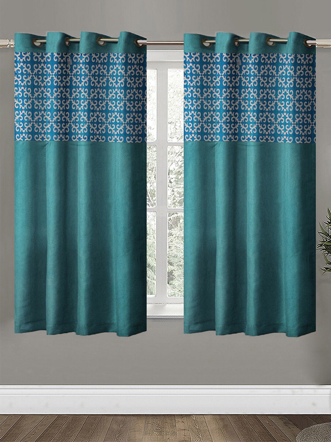 Aura Blue & White 2 Pieces Ethnic Motifs Room Darkening Window Curtains-picture-53