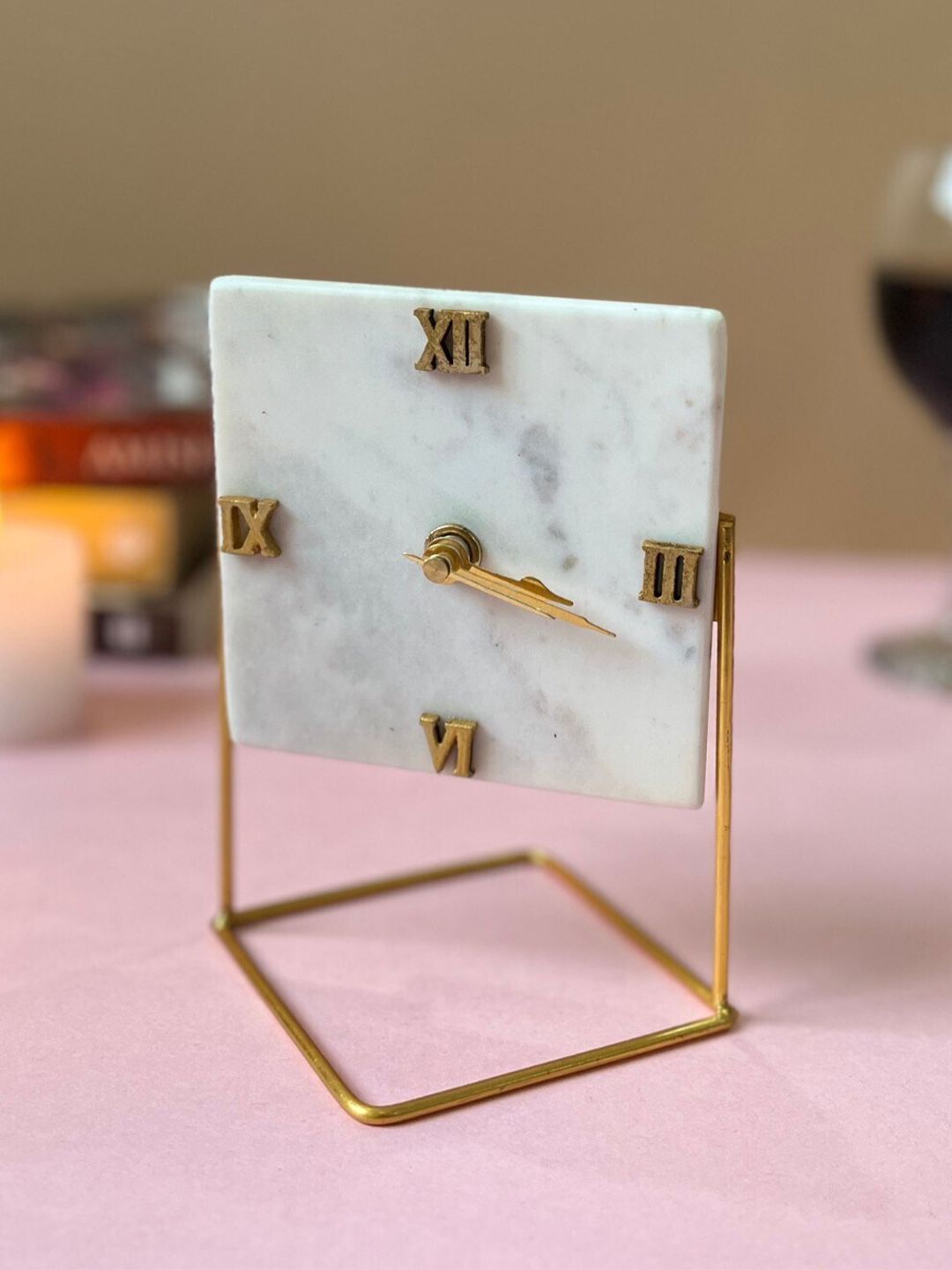 HOMEARTE White & Beige Analogue Vintage Square Shape Marble Desktop Table Clock-image-18