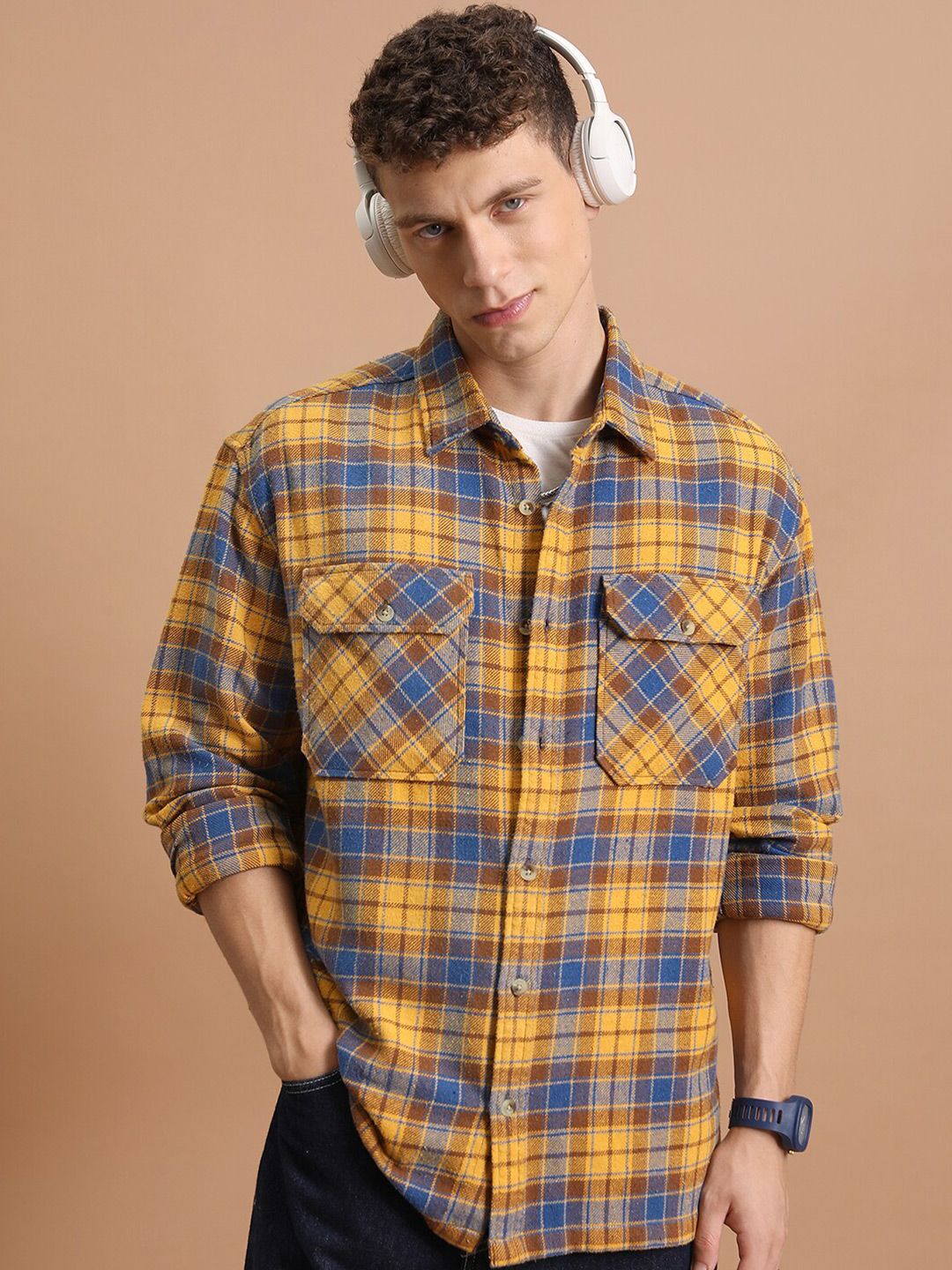HIGHLANDER Oversized Double Flap Pocket Flannel Checked Overshirt