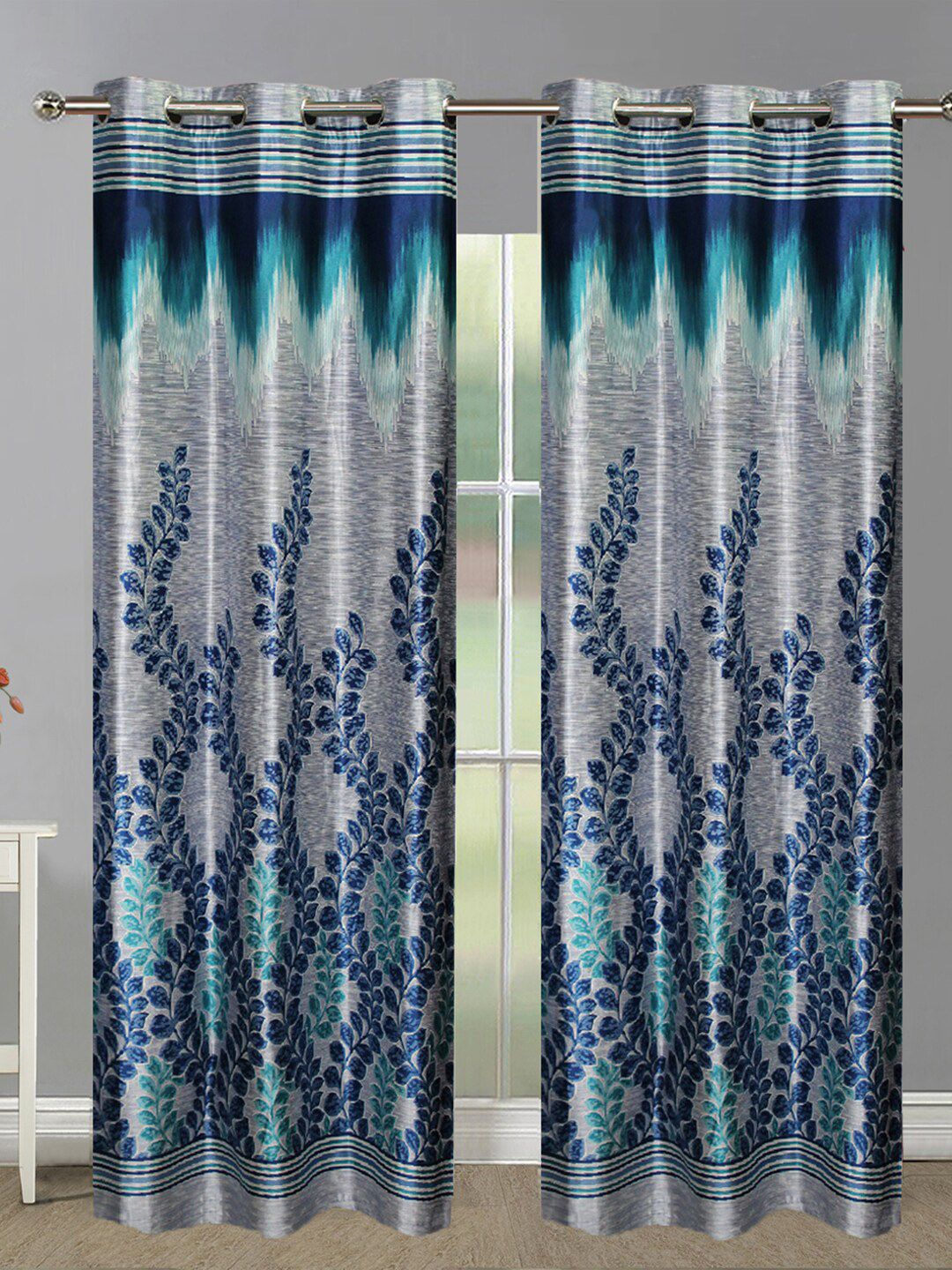 Aura Blue & Grey 2 Pieces Floral Room Darkening Door Curtains-image-16