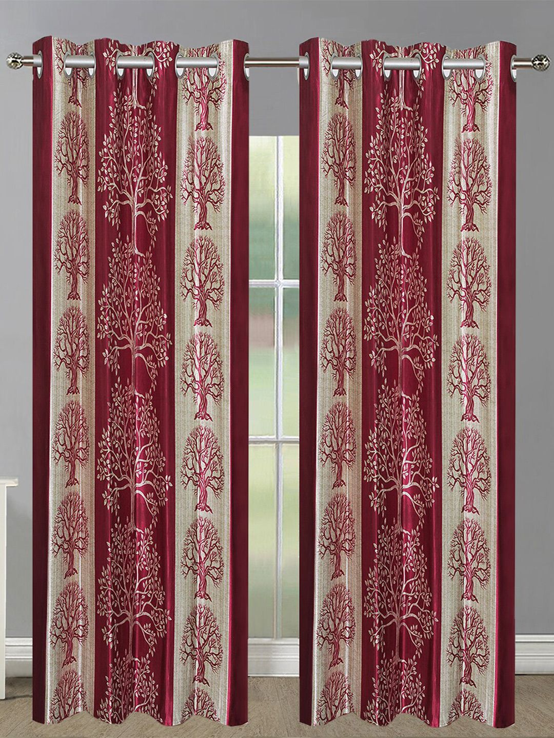 Aura Maroon 2 Pieces Ethnic Motifs Printed Room Darkening Eyelet Long Door Curtains-picture-18