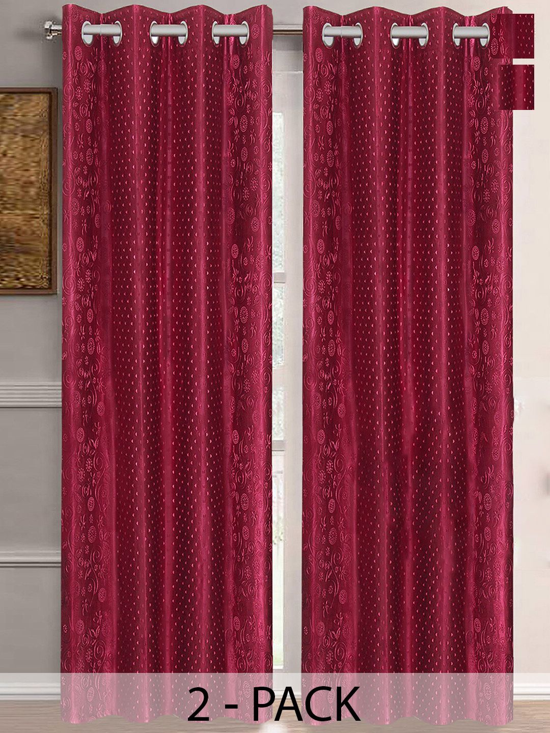 Aura Maroon 2 Pieces Floral Room Darkening Long Door Curtains-picture-17