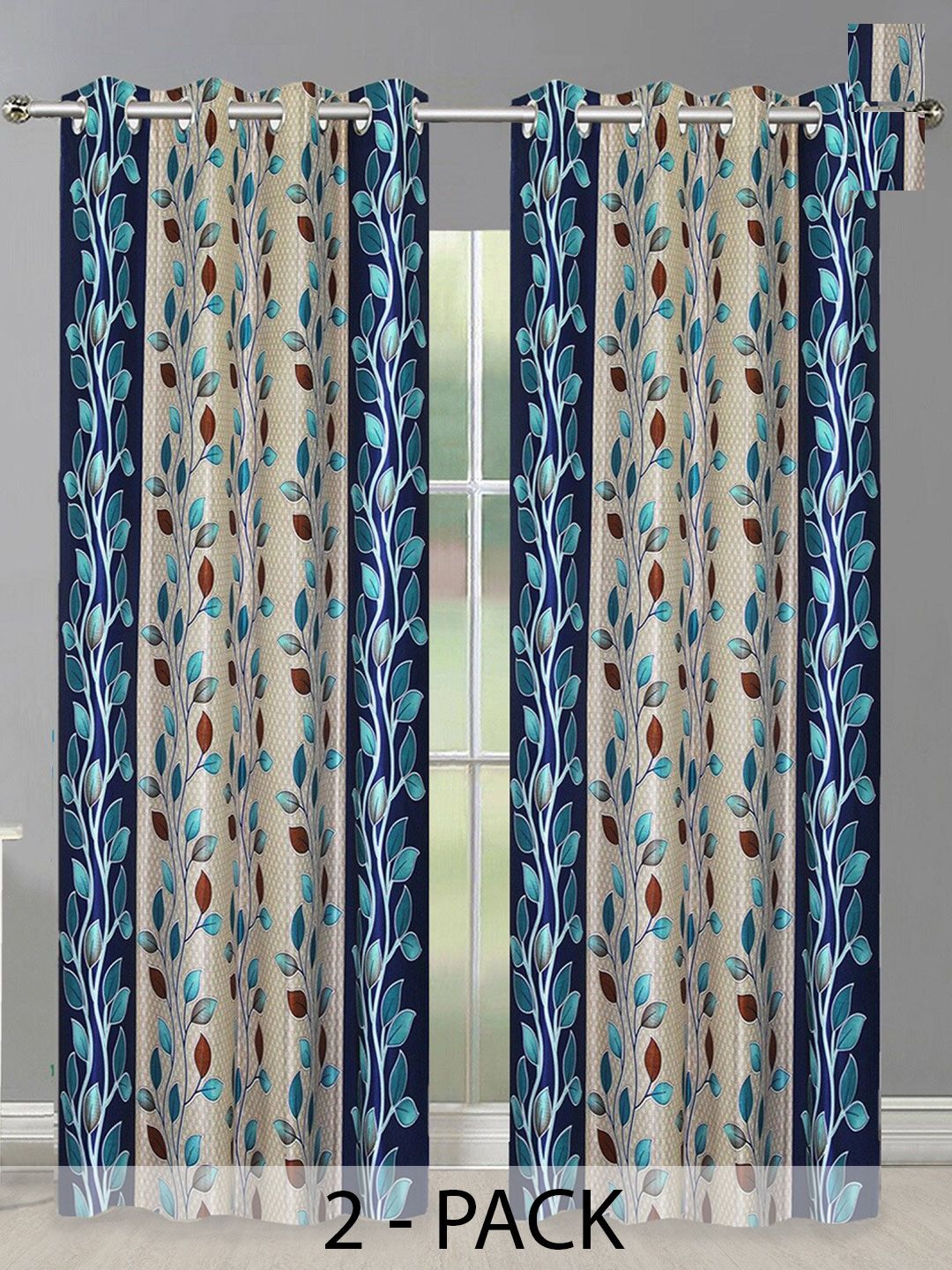 Aura Blue & Grey 2 Pieces Floral Printed Room Darkening Long Door Curtain-image-27