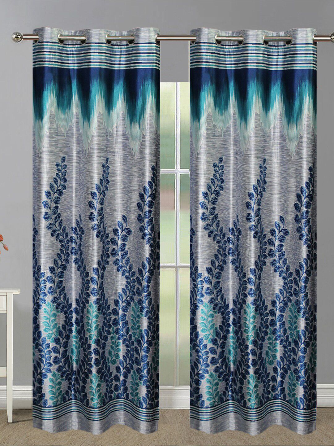 Aura Blue & Grey 2 Pieces Floral Room Darkening Long Door Curtains-image-14