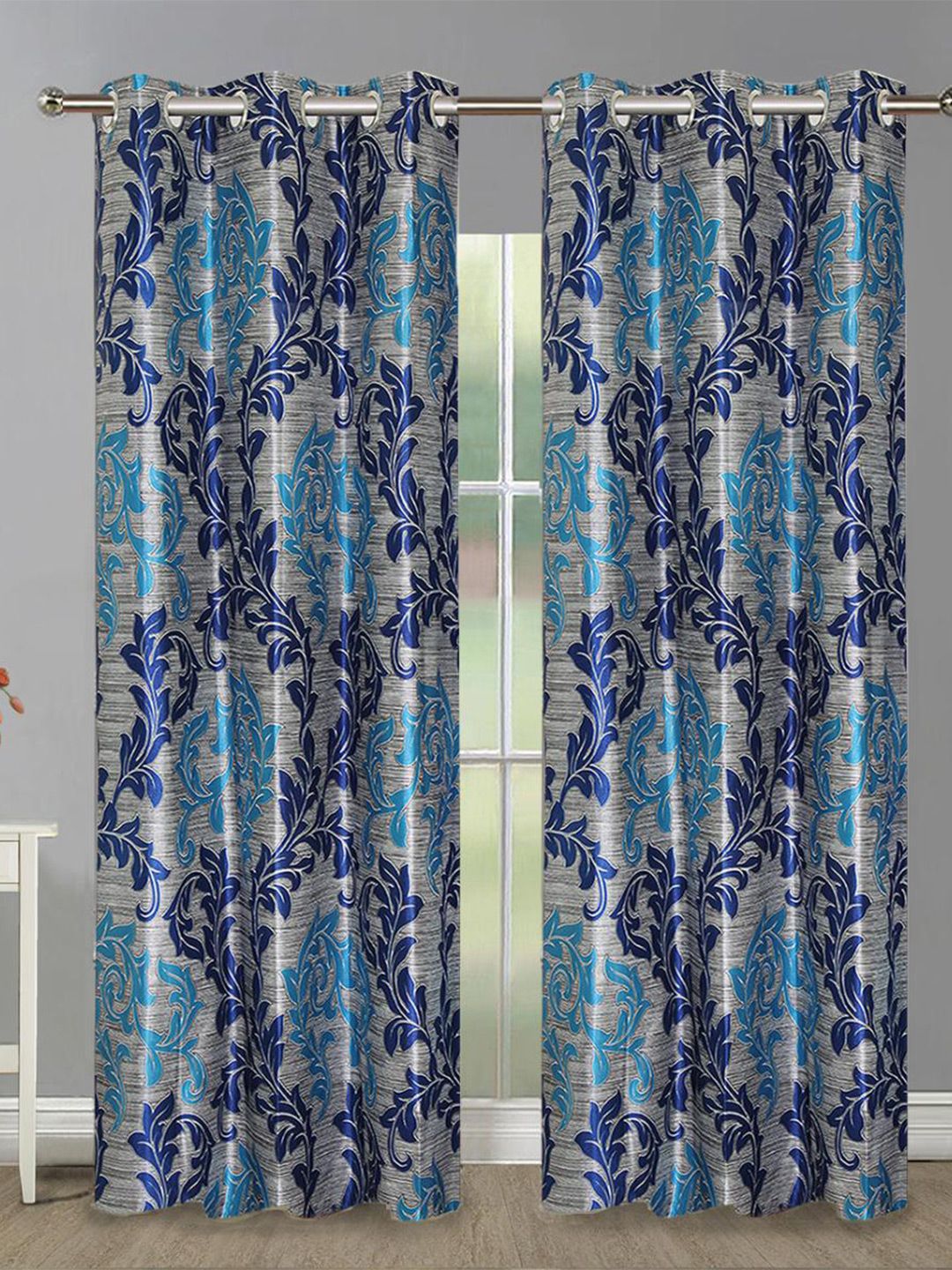 Aura Grey & Blue 2 Pieces Floral Room Darkening Long Door Curtains-image-10