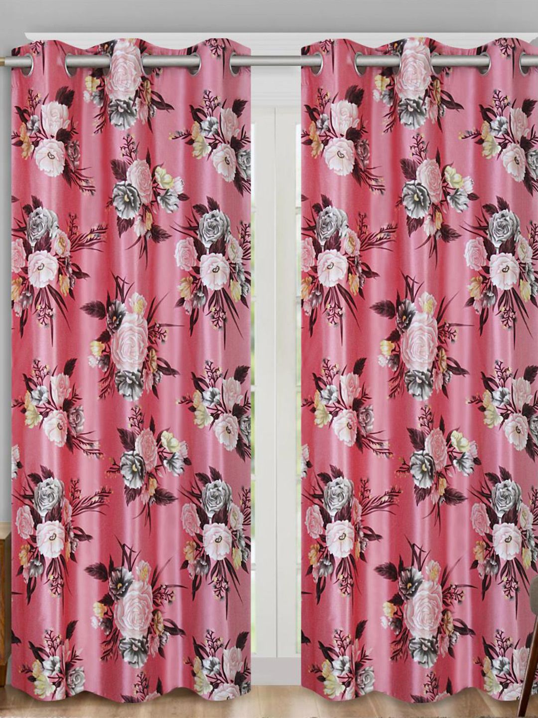 Aura Pink & Grey 2 Pieces Floral Room Darkening Long Door Curtains-image-13