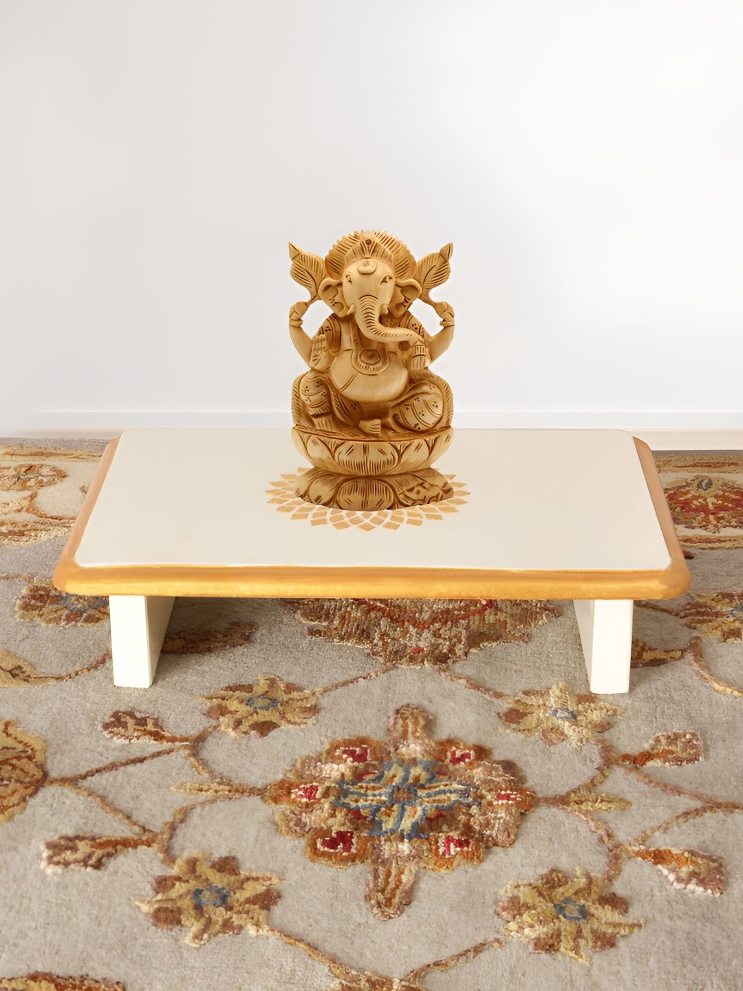 Lal Haveli Off White & Beige Floral Printed Rectangle Wooden Pooja Chowkie-picture-14