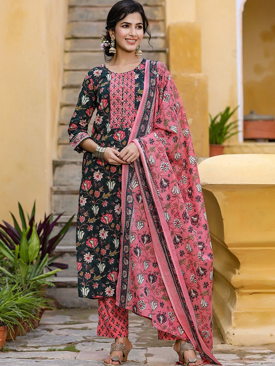 KALINI Floral Printed Kurta & Trousers With Dupatta-picture-21