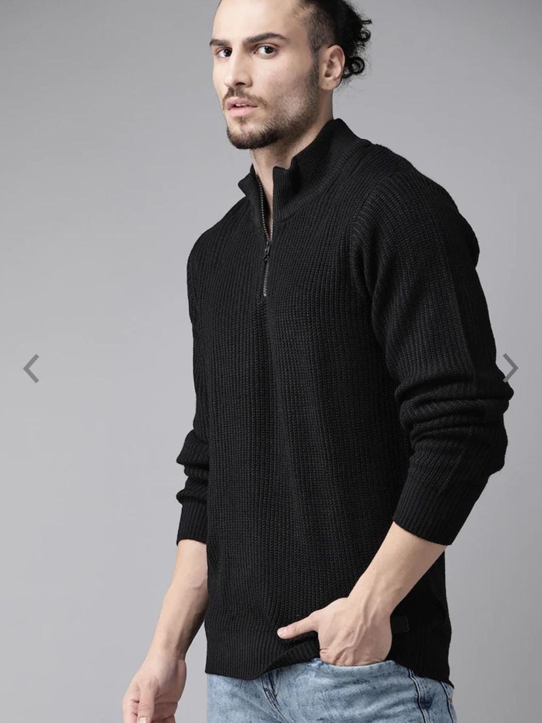 The Roadster Lifestyle Co. Black Cable Knit Self Design Mock Collar Acrylic Sweater-picture-27