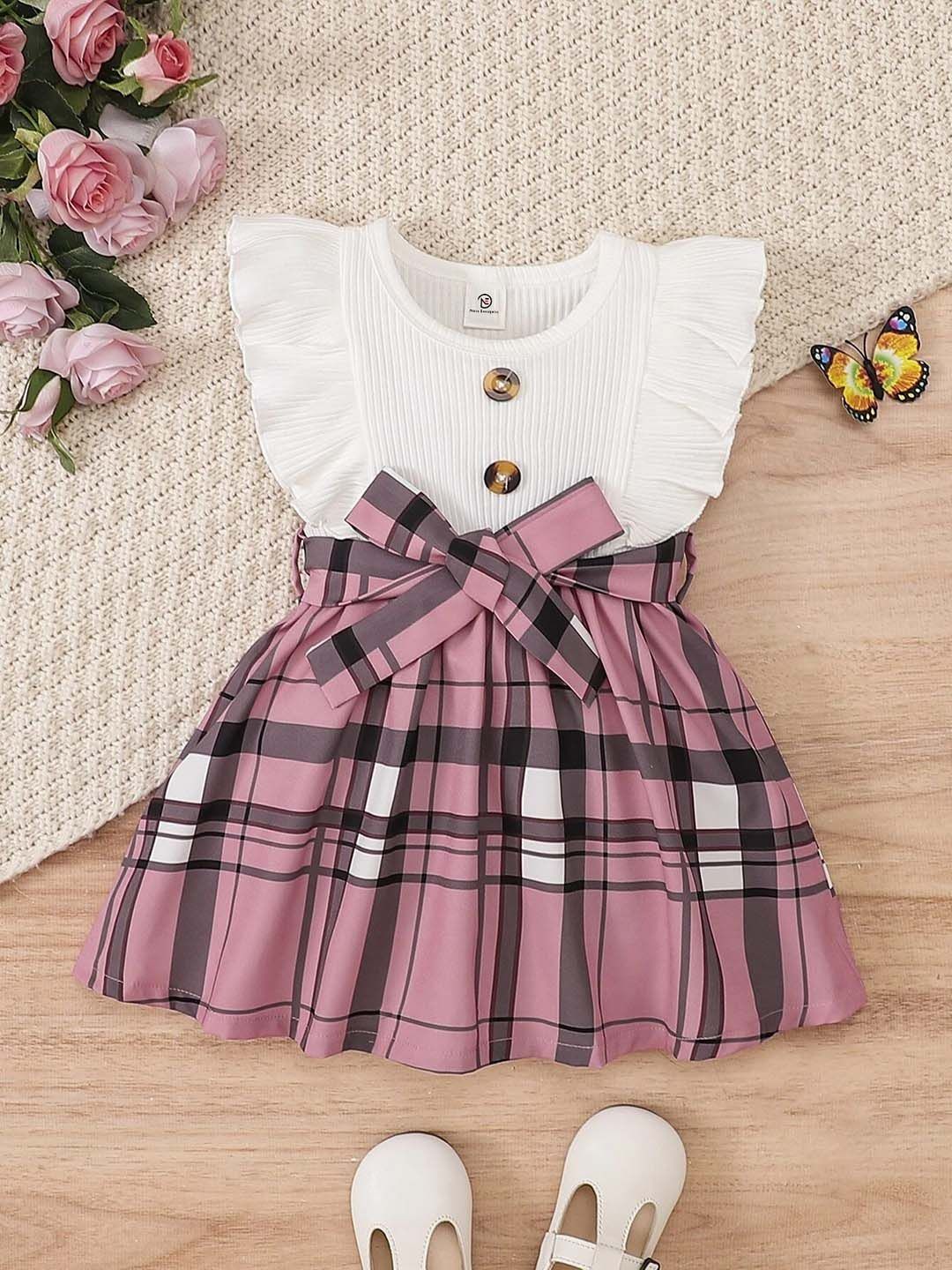 BAESD Girls Checked Flutter Sleeve Ruffled Cotton Fit & Flare Knee Length Dress-picture-19