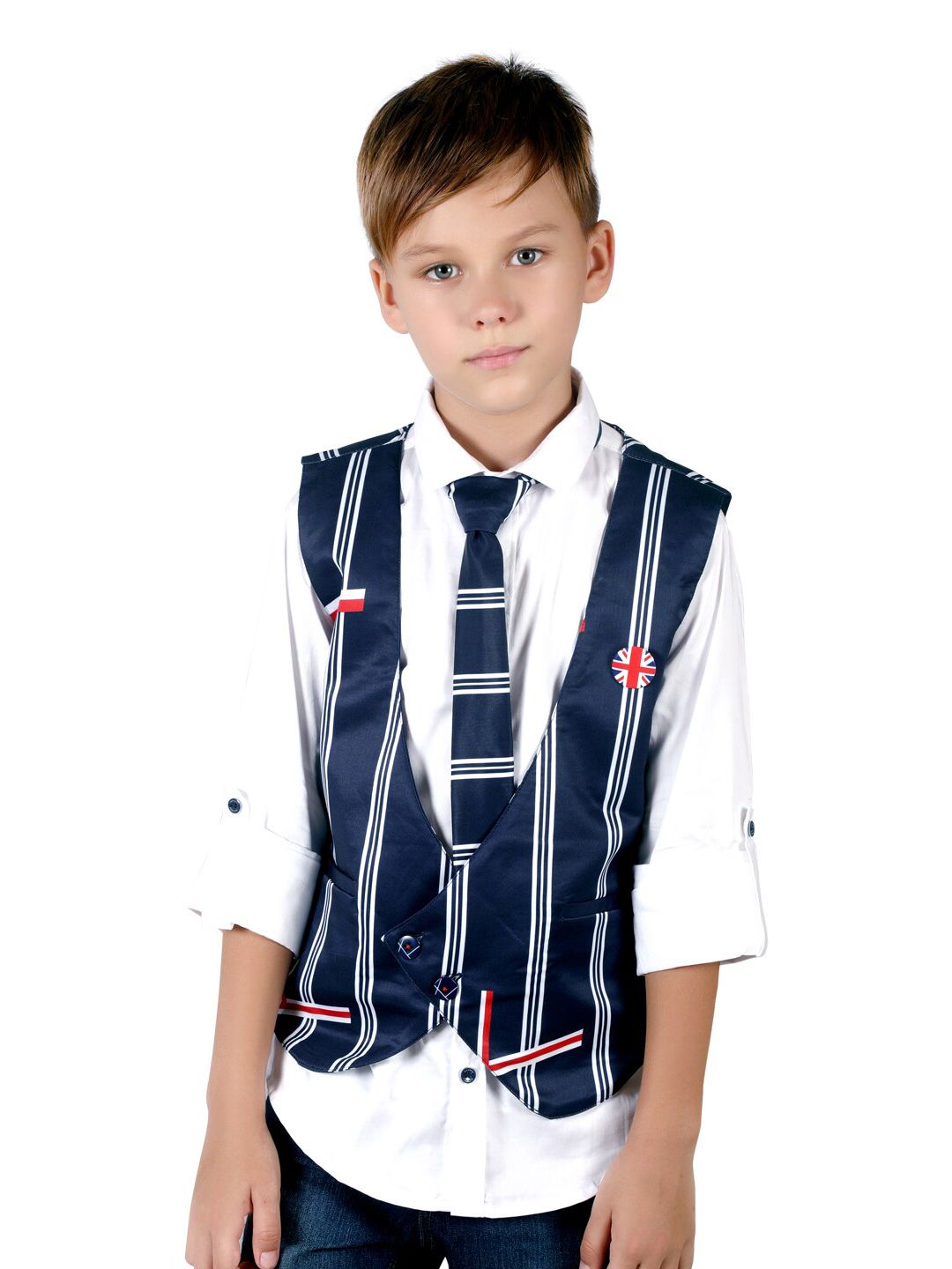 BAESD Boys Roll-Up Sleeves Cotton Shirt With Striped Waistcoat & Tie