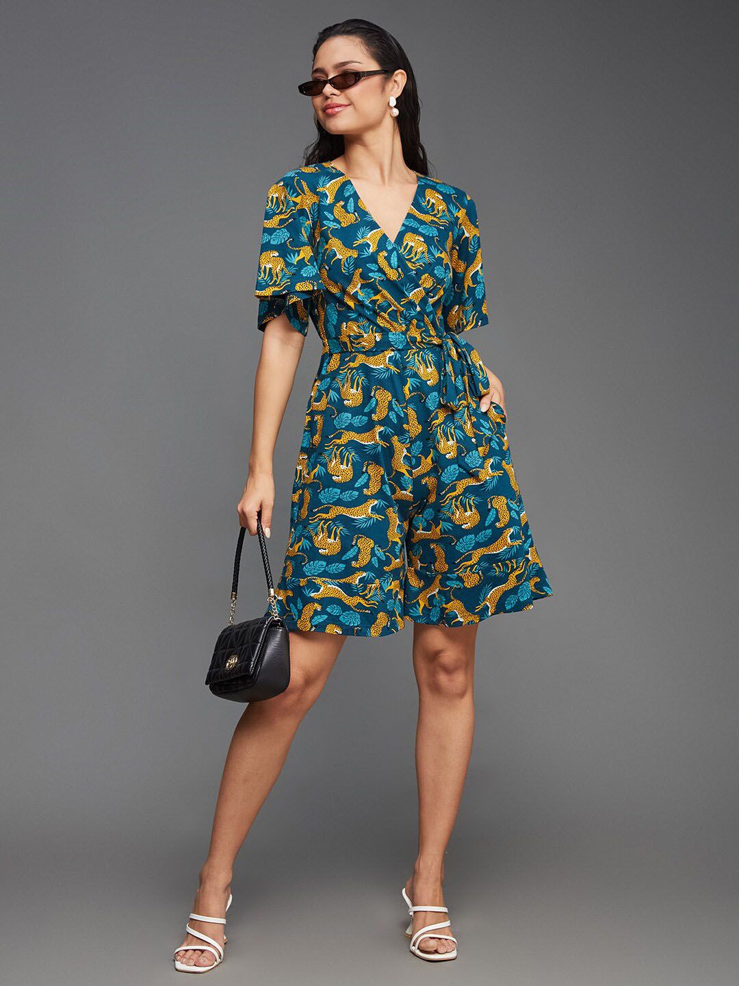 Miss Chase Animal  Printed V-Neck Cotton Jumpsuit