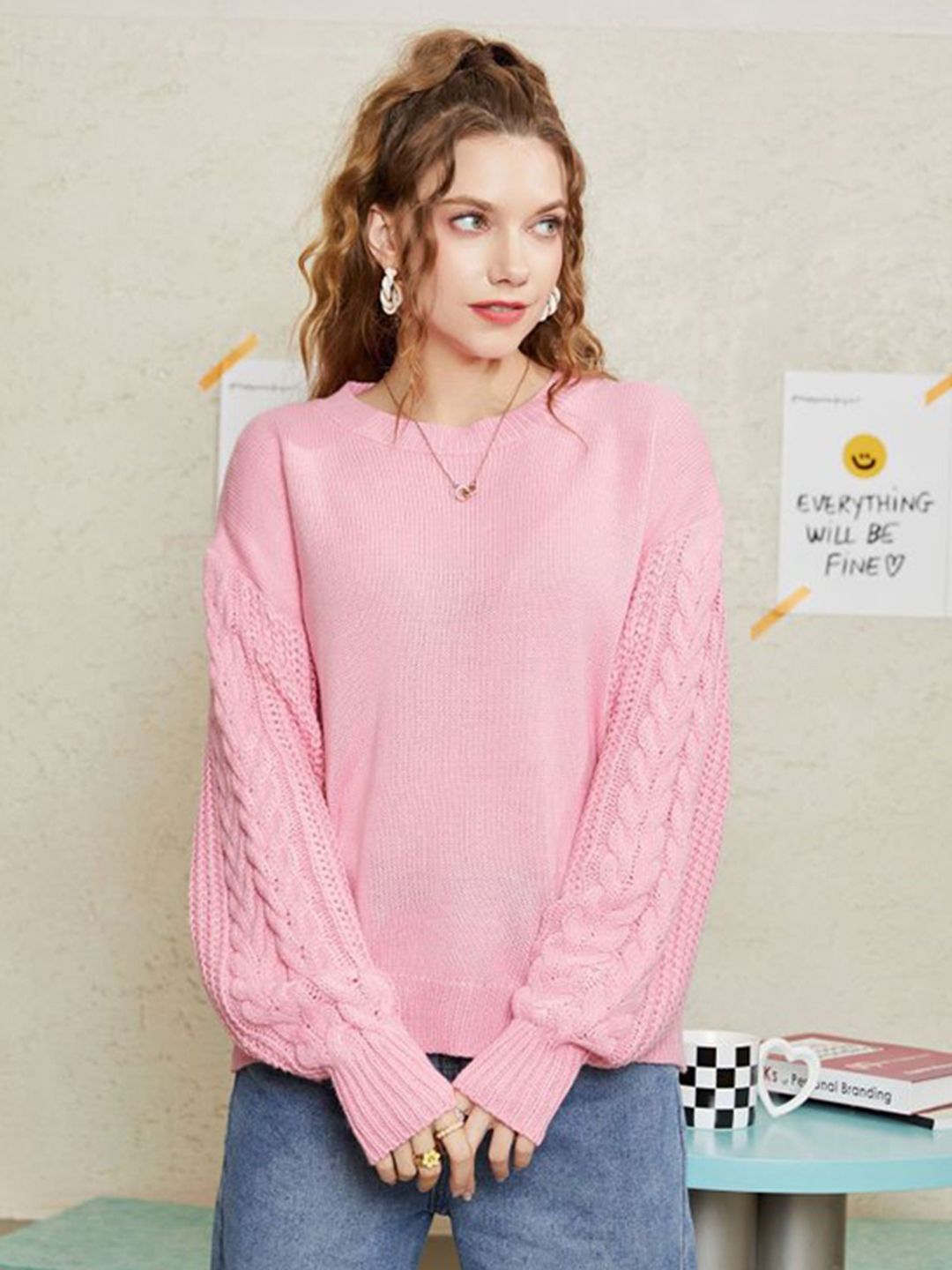 StyleCast Pink Cable Knit Self Design Acrylic Pullover-picture-31