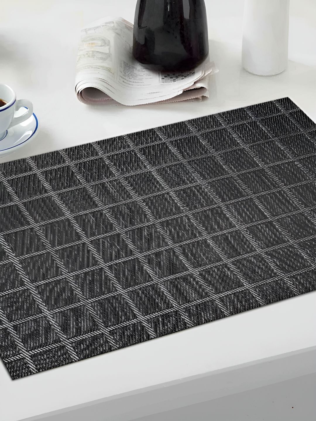 OBSESSIONS Grey 6 Pieces Checked Pattern Textured Waterproof Table Placemats-picture-15