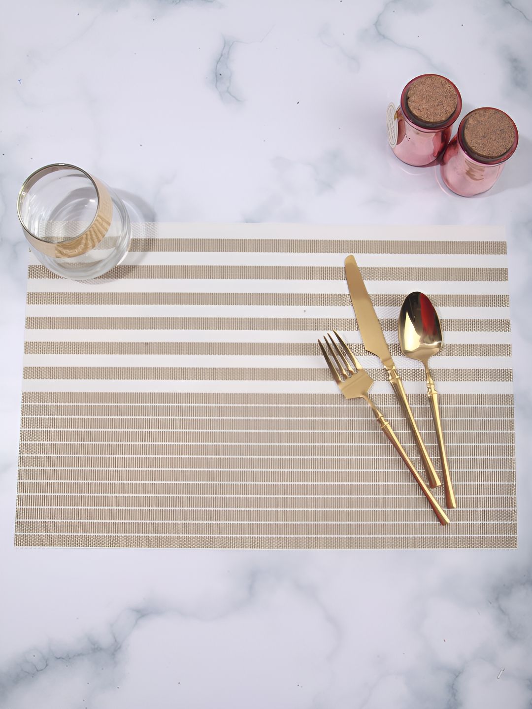 OBSESSIONS Beige & White 6 Pieces Striped Waterproof Table Placemats-picture-31
