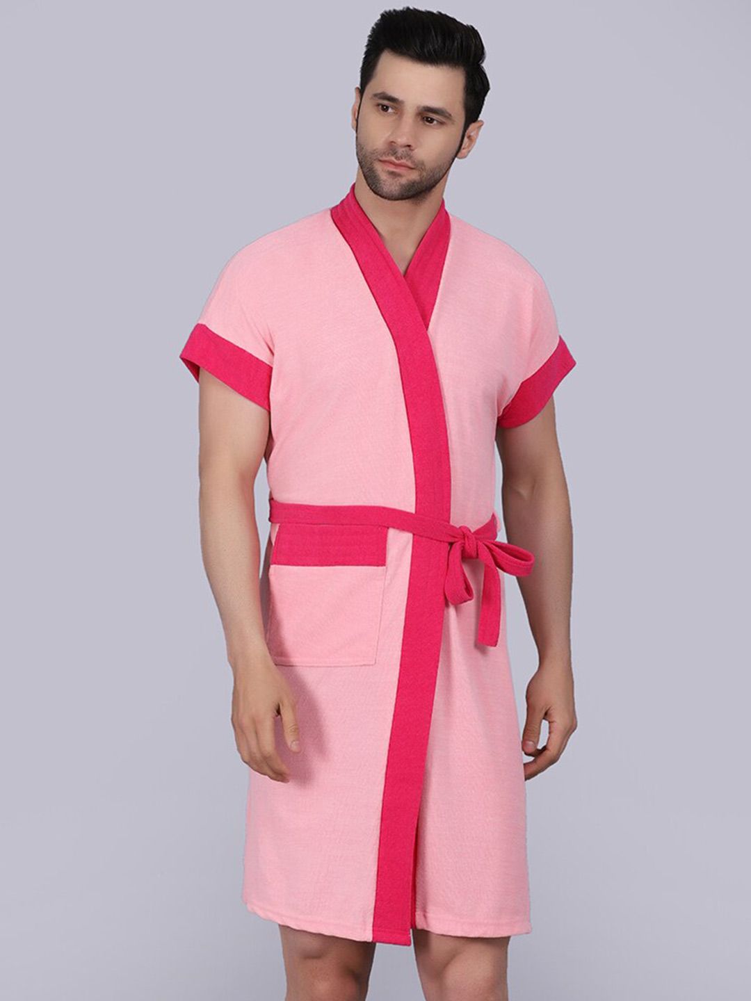 POORAK Men Pink Short Sleeves Terry Bath Robe-picture-15