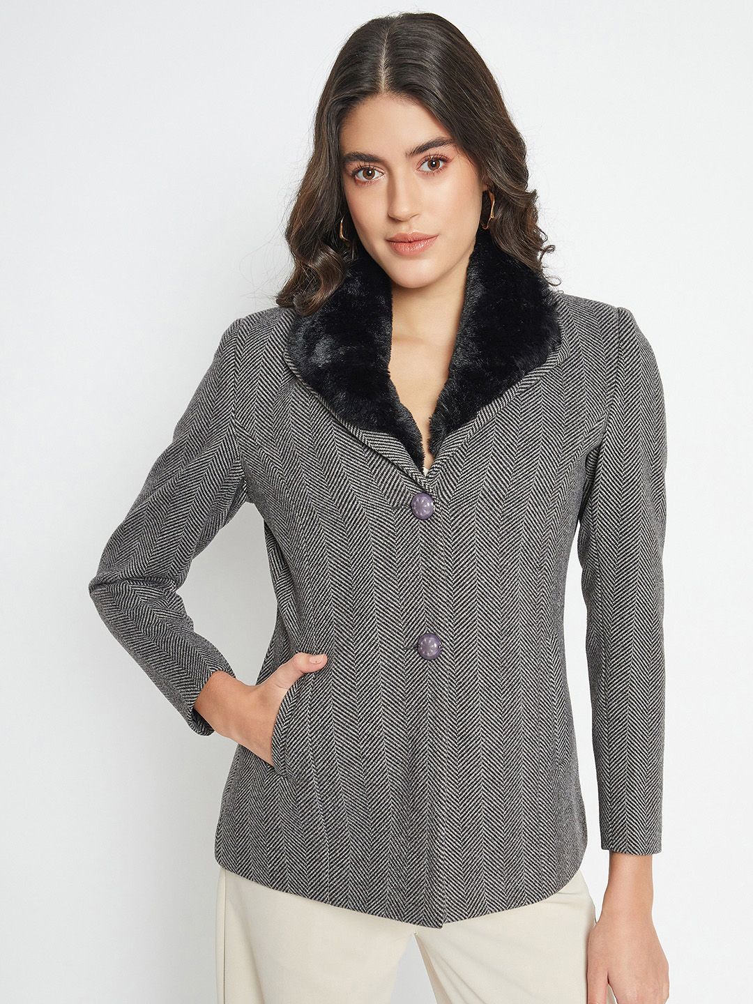 Duke Geometric Printed Fur Single-Breasted Overcoat