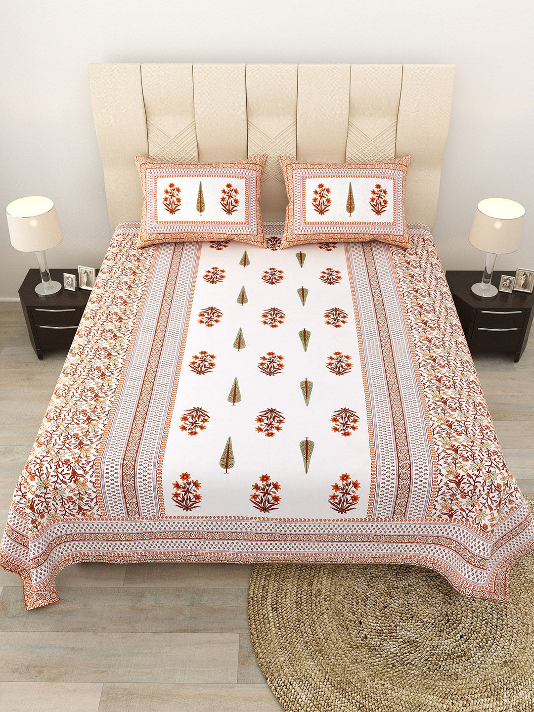 JAIPUR FABRIC Brown & White Floral 180 TC Queen Bedsheet with 2 Pillow Covers-picture-40