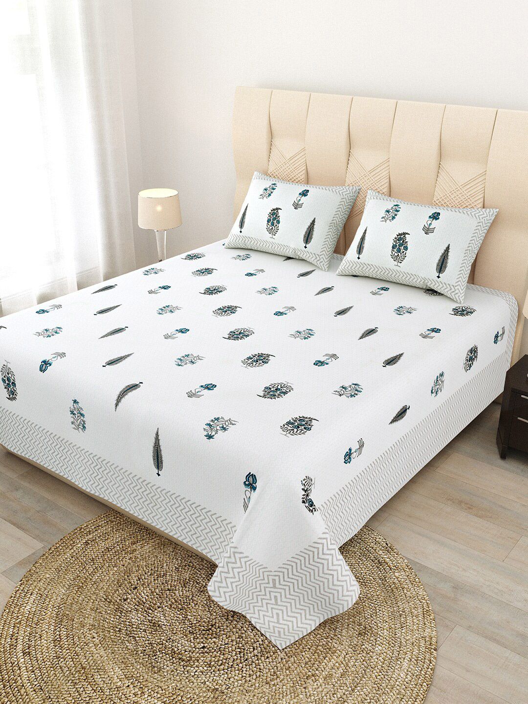 JAIPUR FABRIC Grey & White Floral 180 TC Queen Bedsheet with 2 Pillow Covers-picture-32