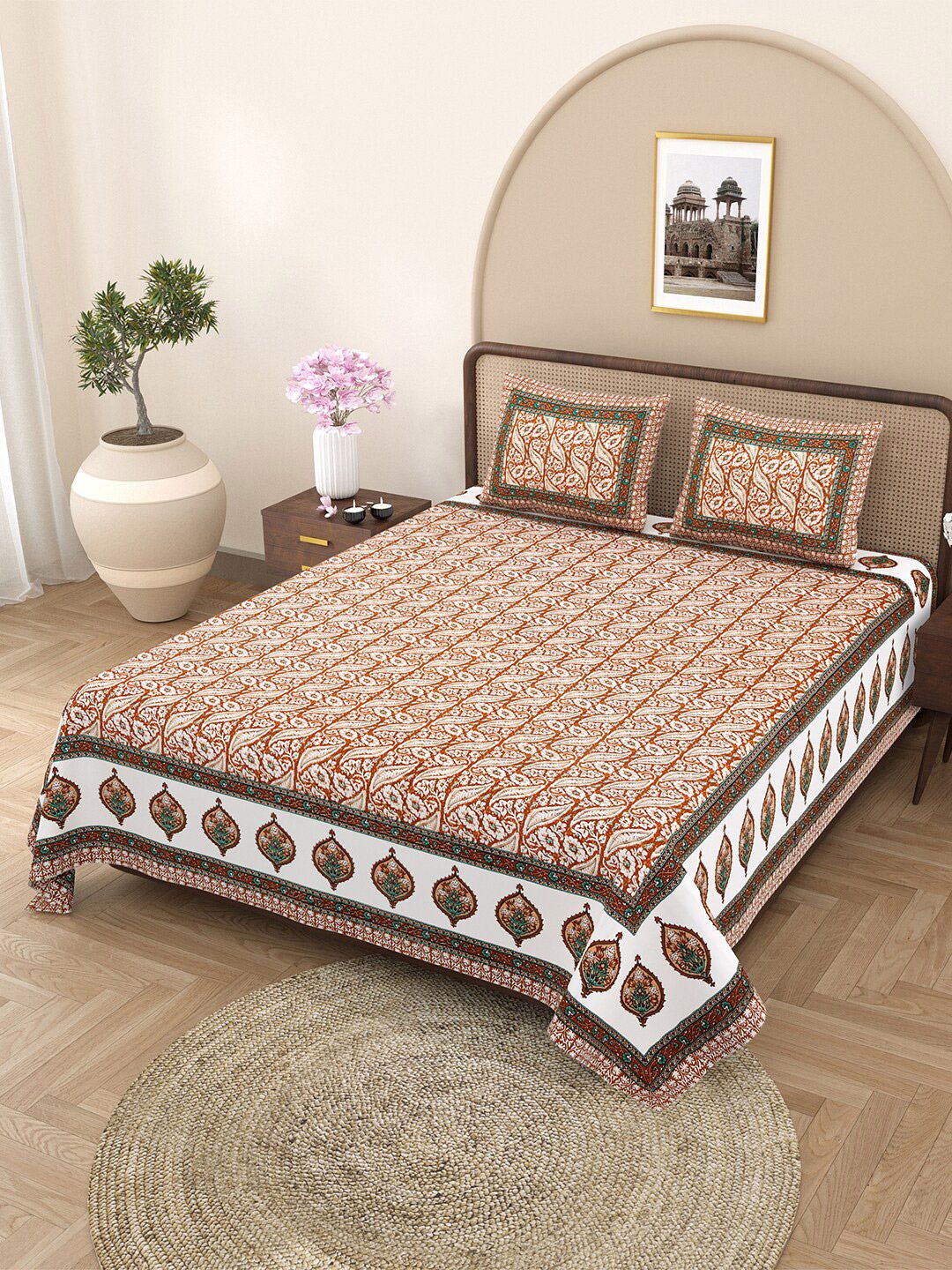 JAIPUR FABRIC Brown Ethnic Motifs 180 TC Cotton Queen Bedsheet with 2 Pillow Covers-picture-38