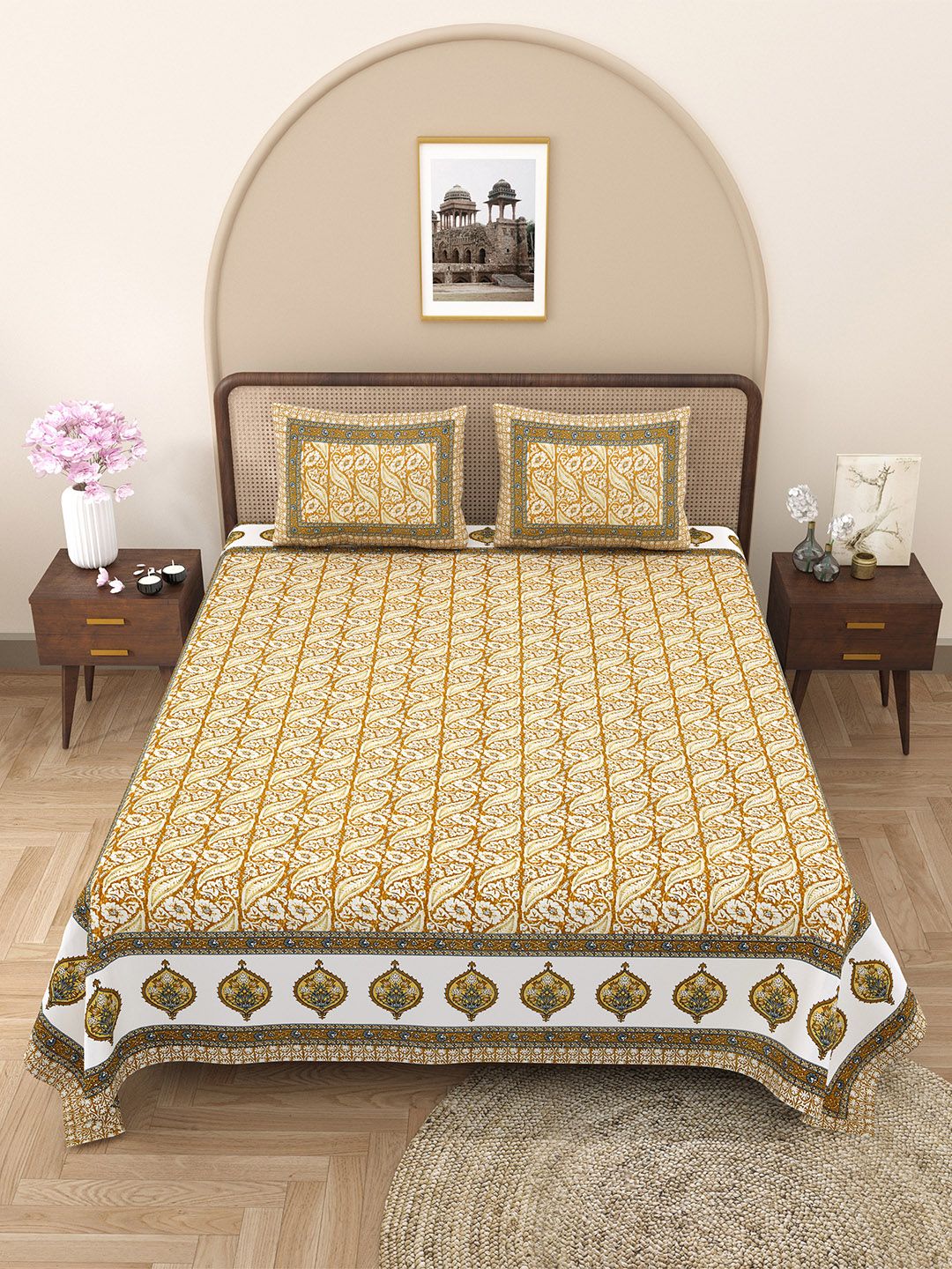 JAIPUR FABRIC Brown & White Floral 180 TC Queen Bedsheet with 2 Pillow Covers-picture-36