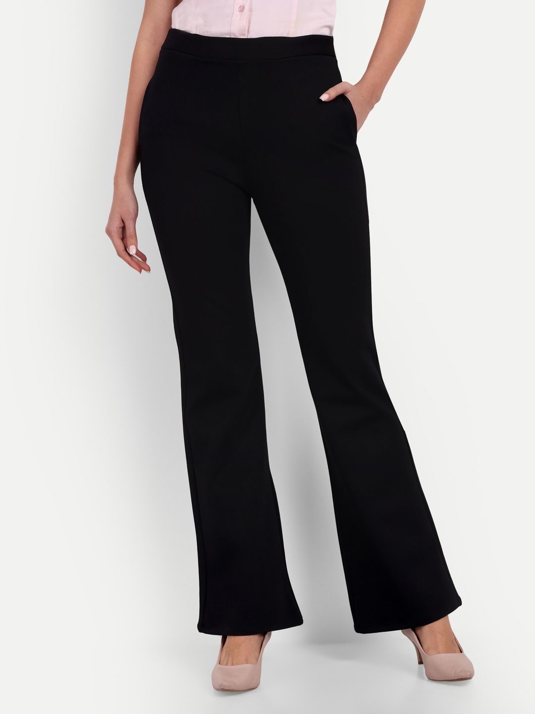 BROADSTAR Women Smart Flared High-Rise Stretchable Cotton Trousers-image-4
